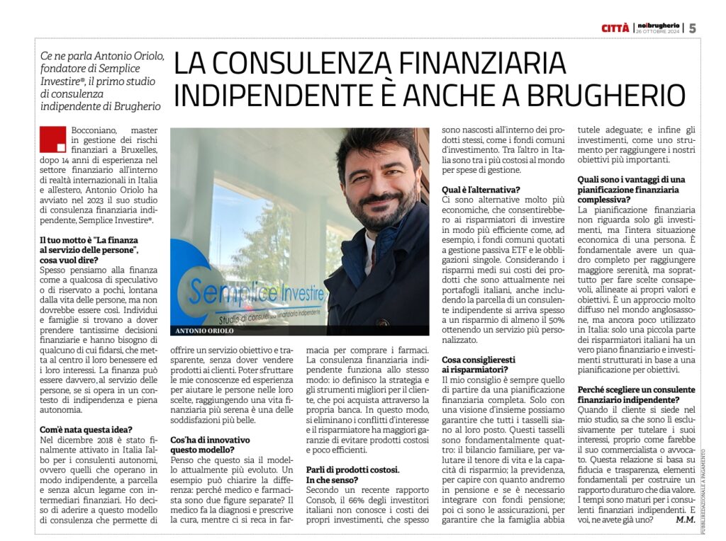 Antonio Oriolo, Consulente finanziario Brugherio